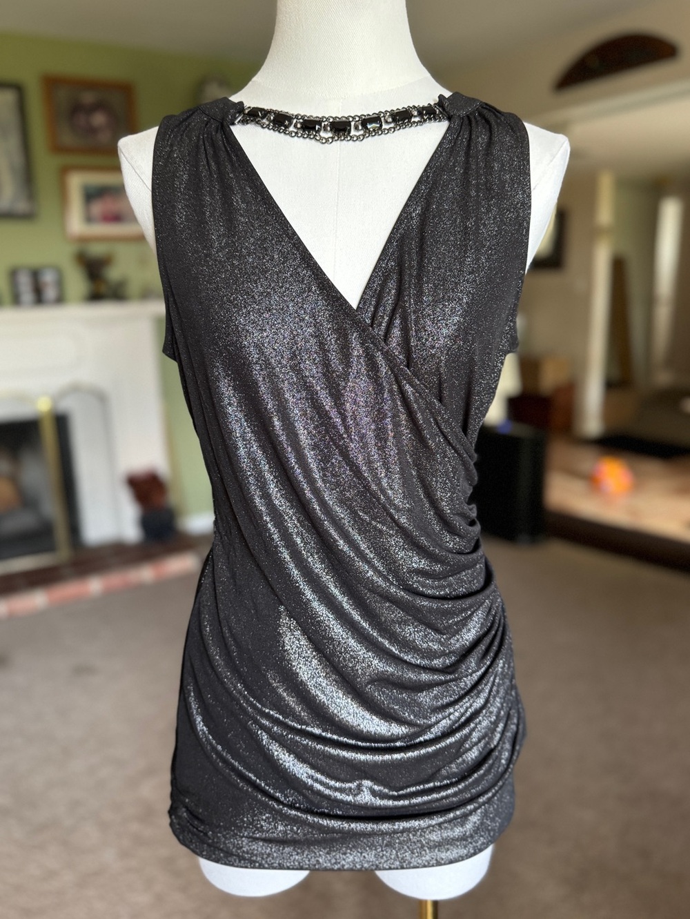Cache’ Shimmer Sleeveless Draped V-Neck Top - metallic gray